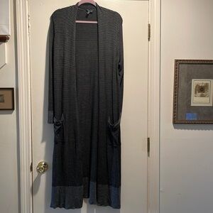 Eileen Fisher Thin Black Gray Striped Soft Opened Sweater Duster with Pockets